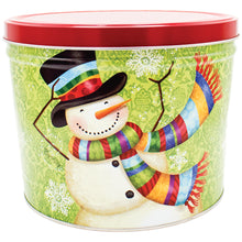 Load image into Gallery viewer, 2 Gallon Winter Scarf Snowman Tin